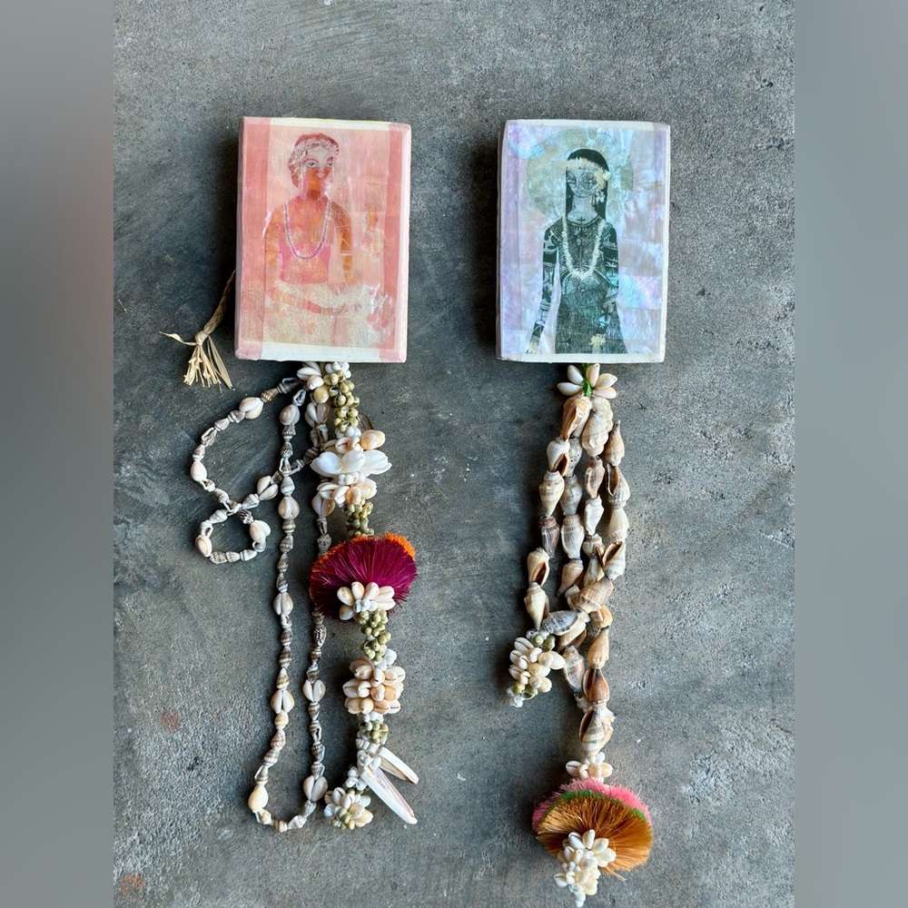 Jai Vasicek Mixed Media Tile with Hawaiian Lei and Mother of Pearl Inlay